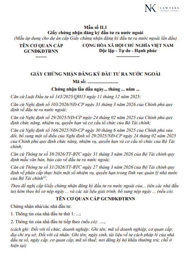 Mẫu Giấy chứng nhận đăng ký đầu tư ra nước ngoài (Thông tư 38/2026/TT-BTC)